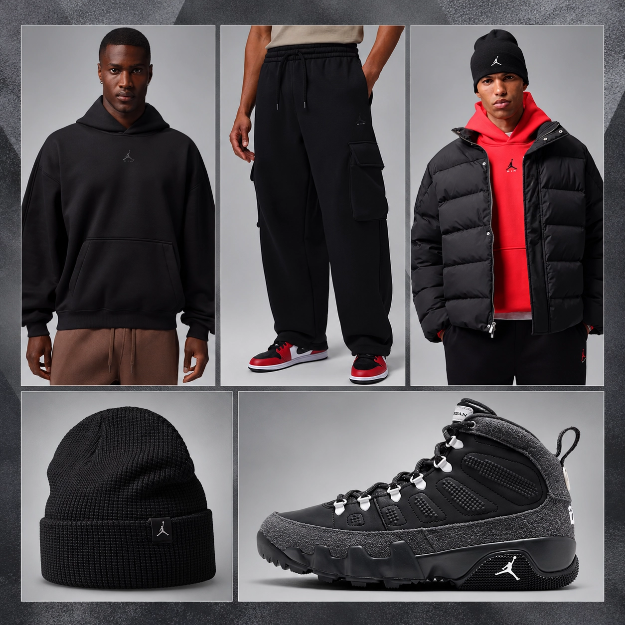 Air Jordan 9 Boot Anthracite Reflective outfit grid featuring black Jordan Brooklyn hoodie, black cargo pants, Jordan Flight puffer jacket and black Jordan Waffle Beanie.
