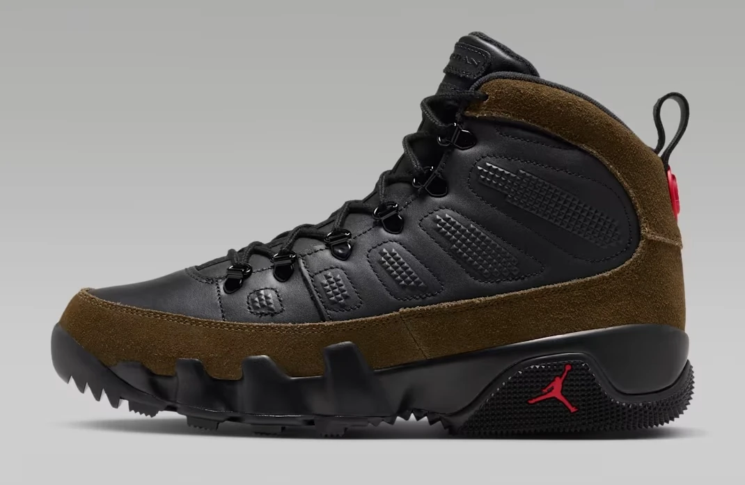 Air Jordan 9 NRG Boot Olive in Black, True Red and Light Olive