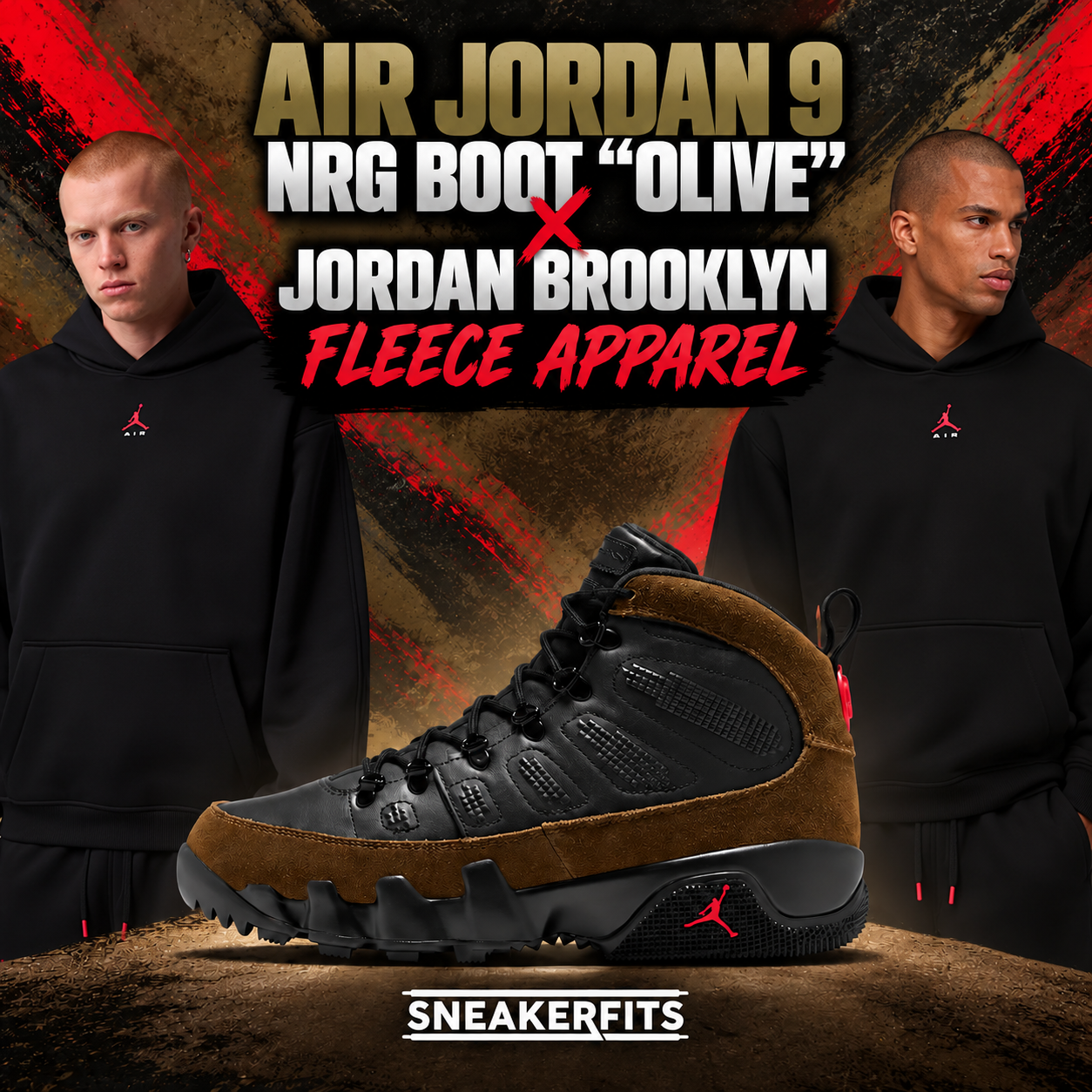 Air Jordan 9 NRG Boot “Olive” in black and olive paired with black Jordan Brooklyn fleece hoodie and sweatshirt styles featuring red Jumpman Air logos.
