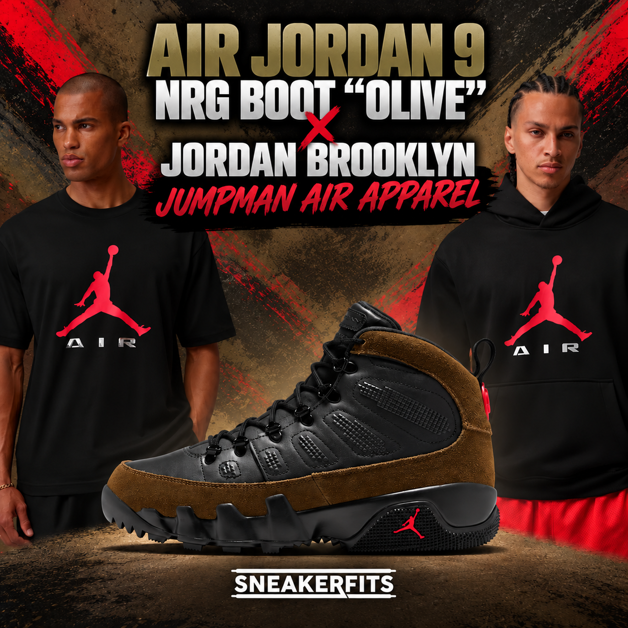 Air Jordan 9 NRG Boot Olive in black and olive brown with matching Jordan Brooklyn Jumpman Air T-shirt and hoodie outfits by SneakerFits