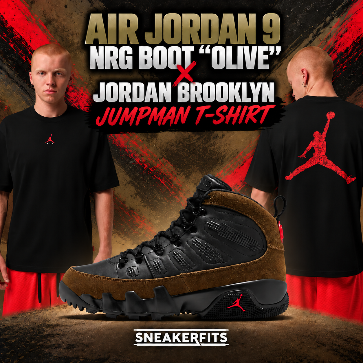 Air Jordan 9 NRG Boot Olive in black and olive paired with a black Jordan Brooklyn Jumpman T-Shirt featuring red Jumpman graphics, shown from the front and back.