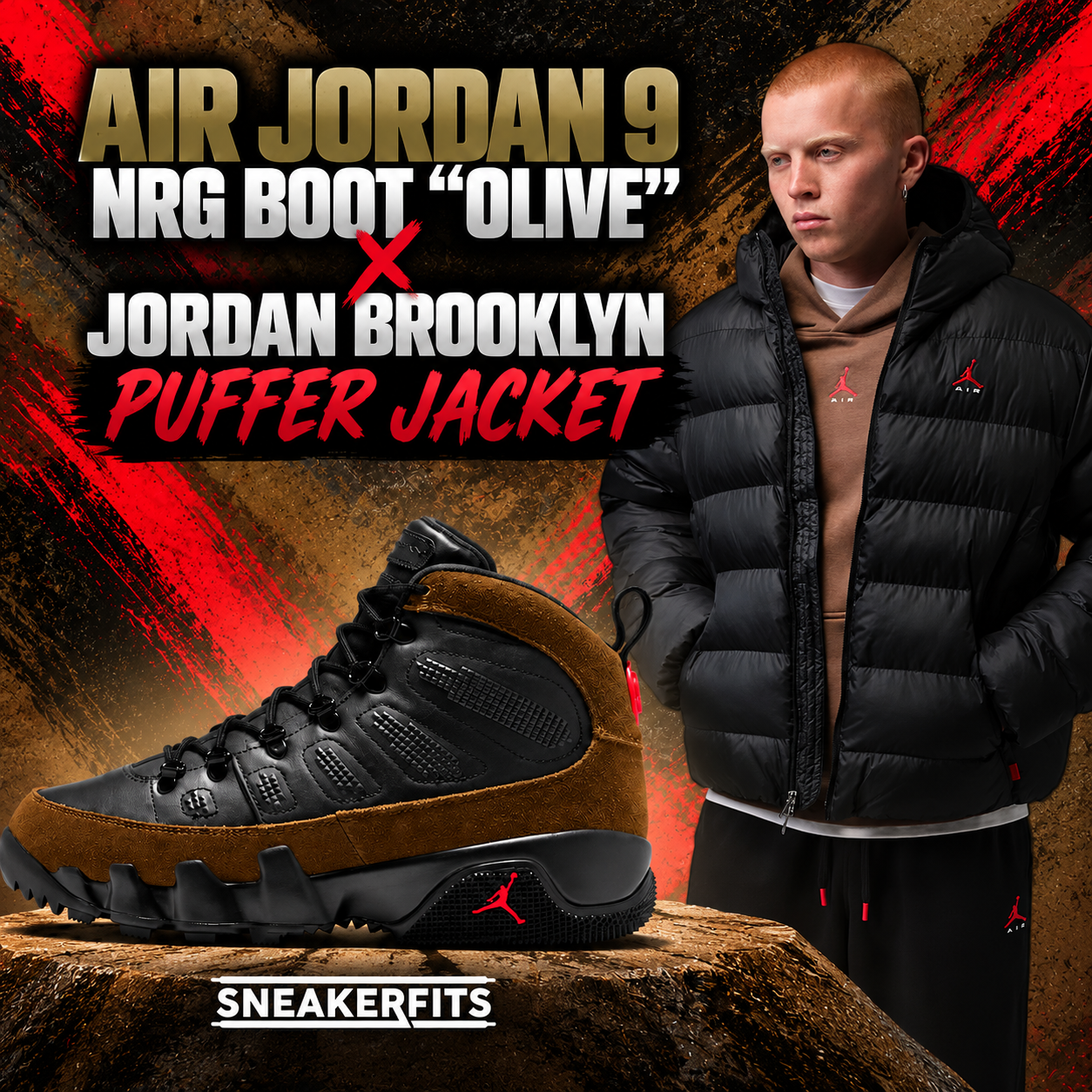 Air Jordan 9 NRG Boot “Olive” in black and olive paired with a black Jordan Brooklyn Puffer Jacket featuring red Jumpman accents.