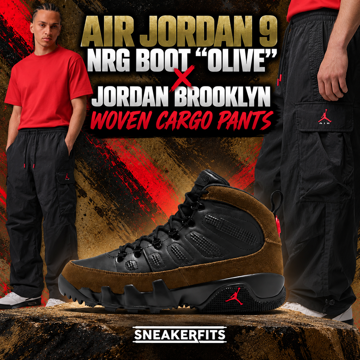 Air Jordan 9 NRG Boot “Olive” paired with black Jordan Brooklyn Woven Cargo Pants featuring red Jumpman Air branding and cargo pockets.