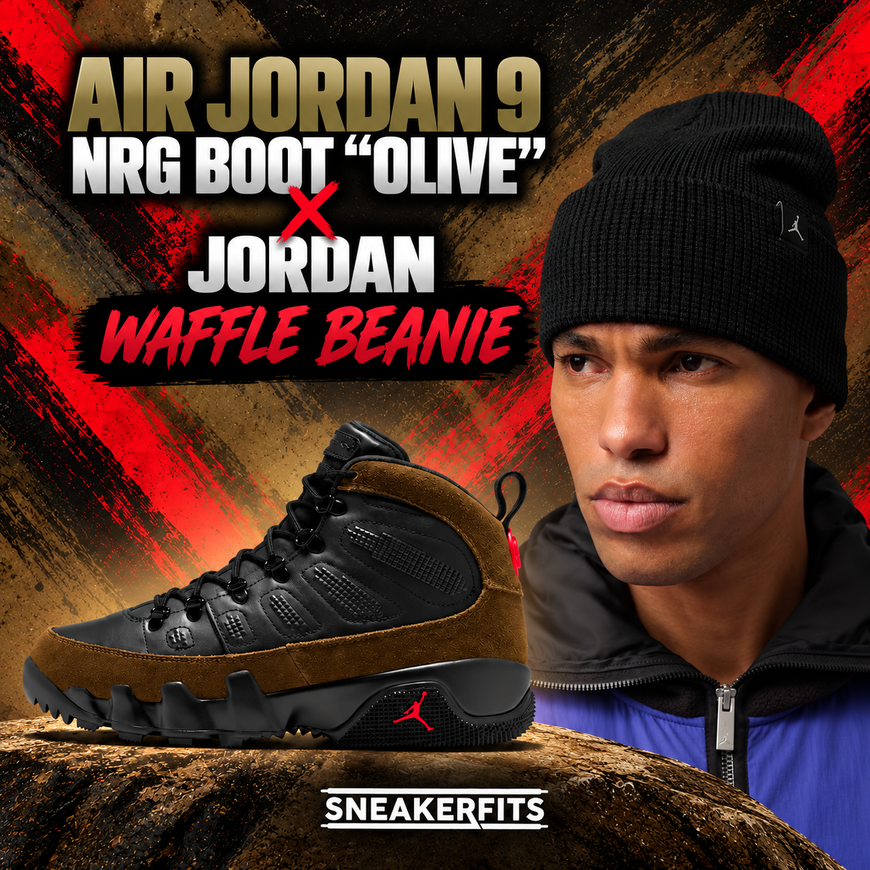 Air Jordan 9 NRG Boot “Olive” sneakers paired with a black Jordan Waffle Beanie for a coordinated sneaker outfit.