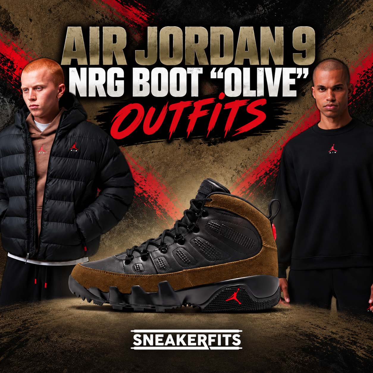 Air Jordan 9 NRG Boot Olive outfits featuring matching Jordan Brooklyn puffer jacket and crew-neck sweatshirt with black, olive brown and red accents – SneakerFits