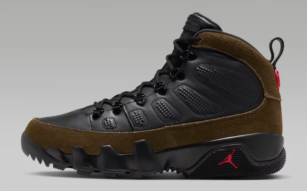 Air Jordan 9 NRG Boot Olive release date sneaker featuring black leather, olive brown suede overlays, rugged black soles and red Jumpman branding.