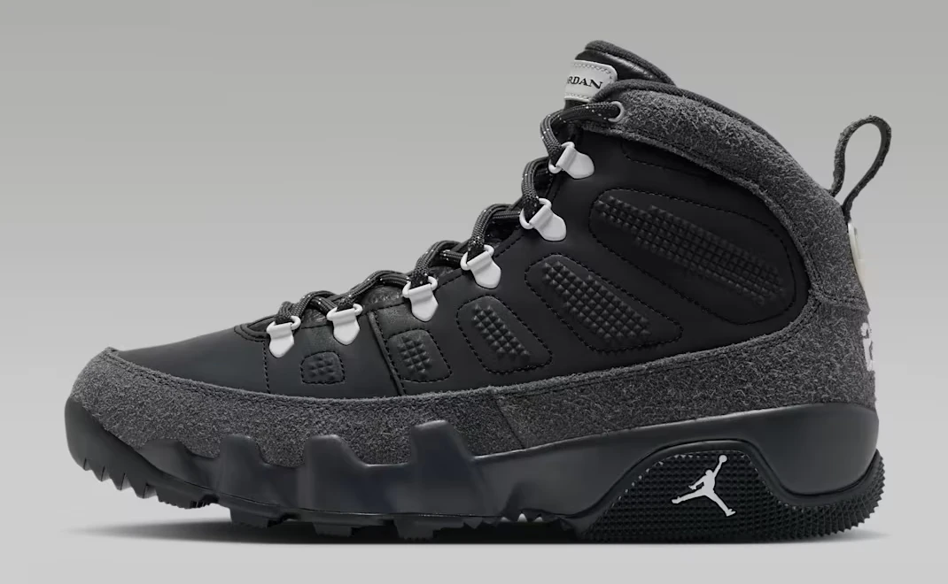 Air Jordan 9 Retro Boot Anthracite Reflective featuring a black and dark grey upper with reflective accents.