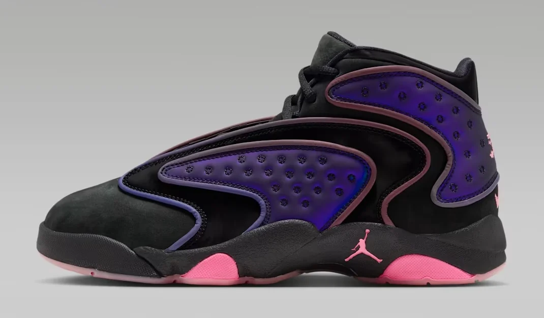 Air Jordan OG Amusement Park Space Jam release date sneaker featuring black uppers, iridescent purple panels and pink Jumpman branding.