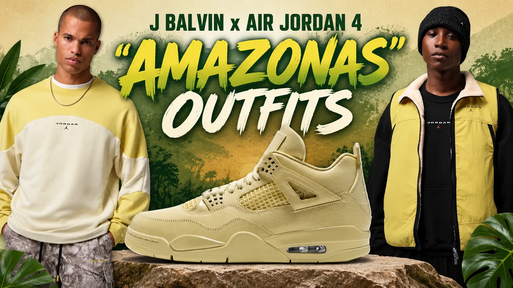 J Balvin x Air Jordan 4 Amazonas with matching Jordan apparel and outfit ideas