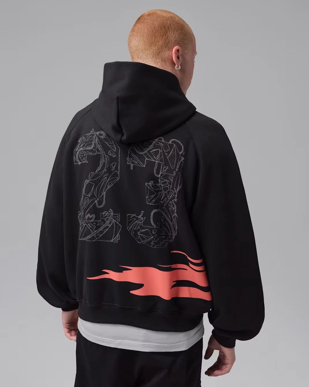 Back view of Jordan Brooklyn Art Series oversized graphic fleece hoodie in black