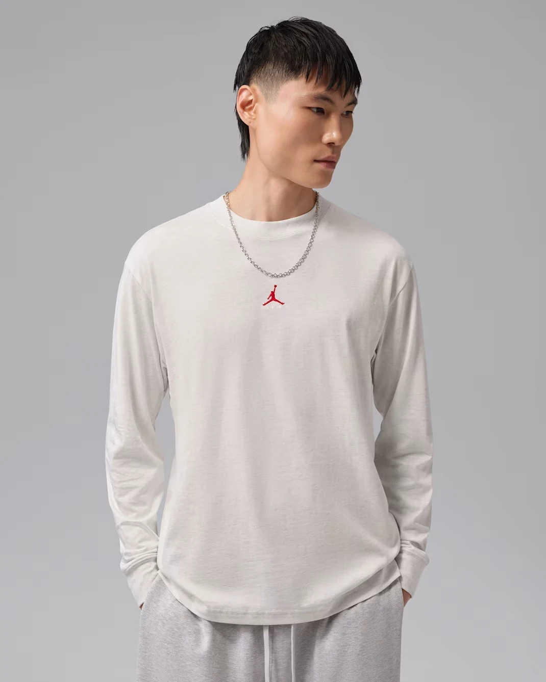 Front view of Sail Jordan Brooklyn long-sleeve T-shirt with small red Jumpman logo