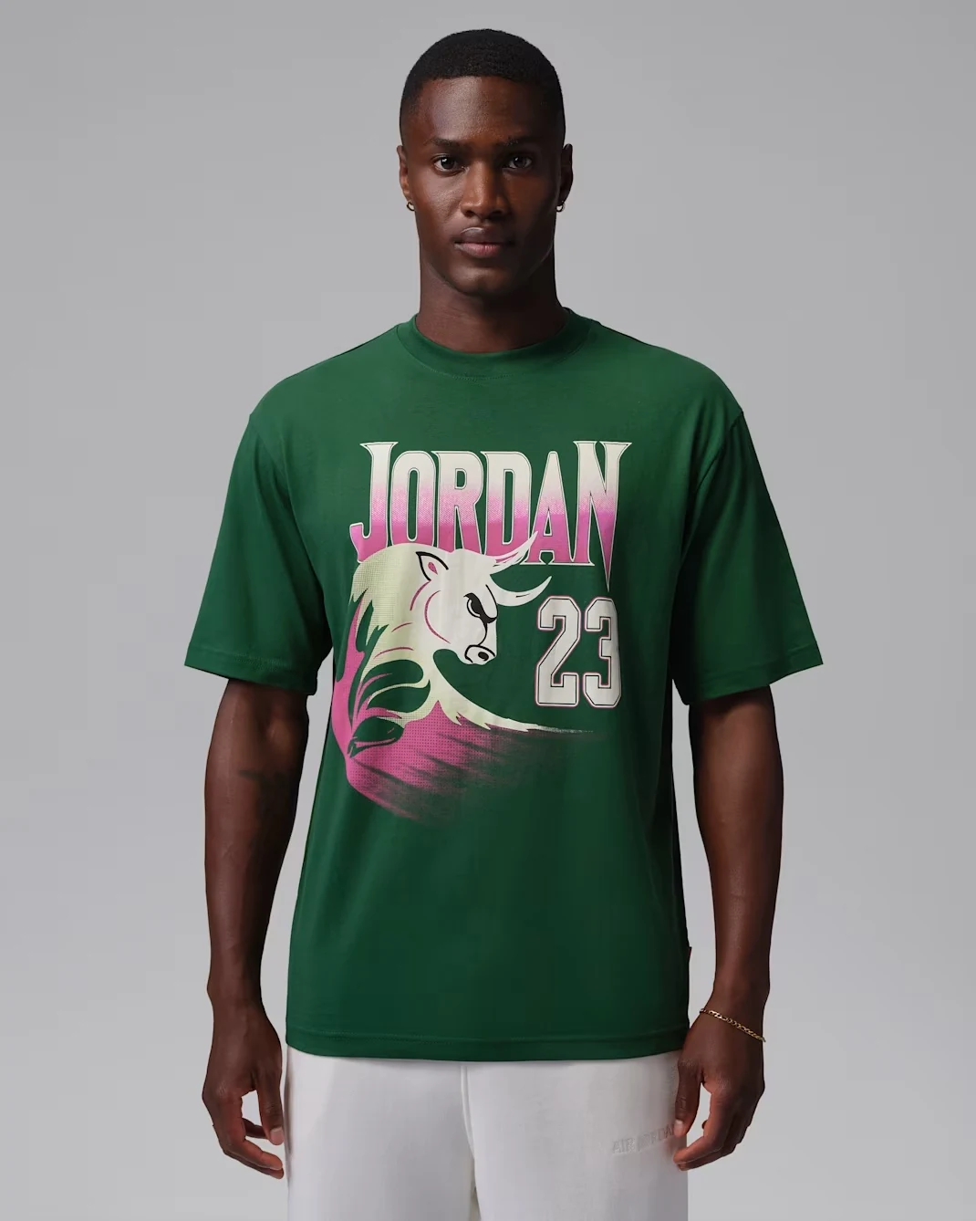 Jordan Brooklyn men's Gorge Green graphic T-shirt featuring Jordan lettering, number 23 and a colorful bucks design.