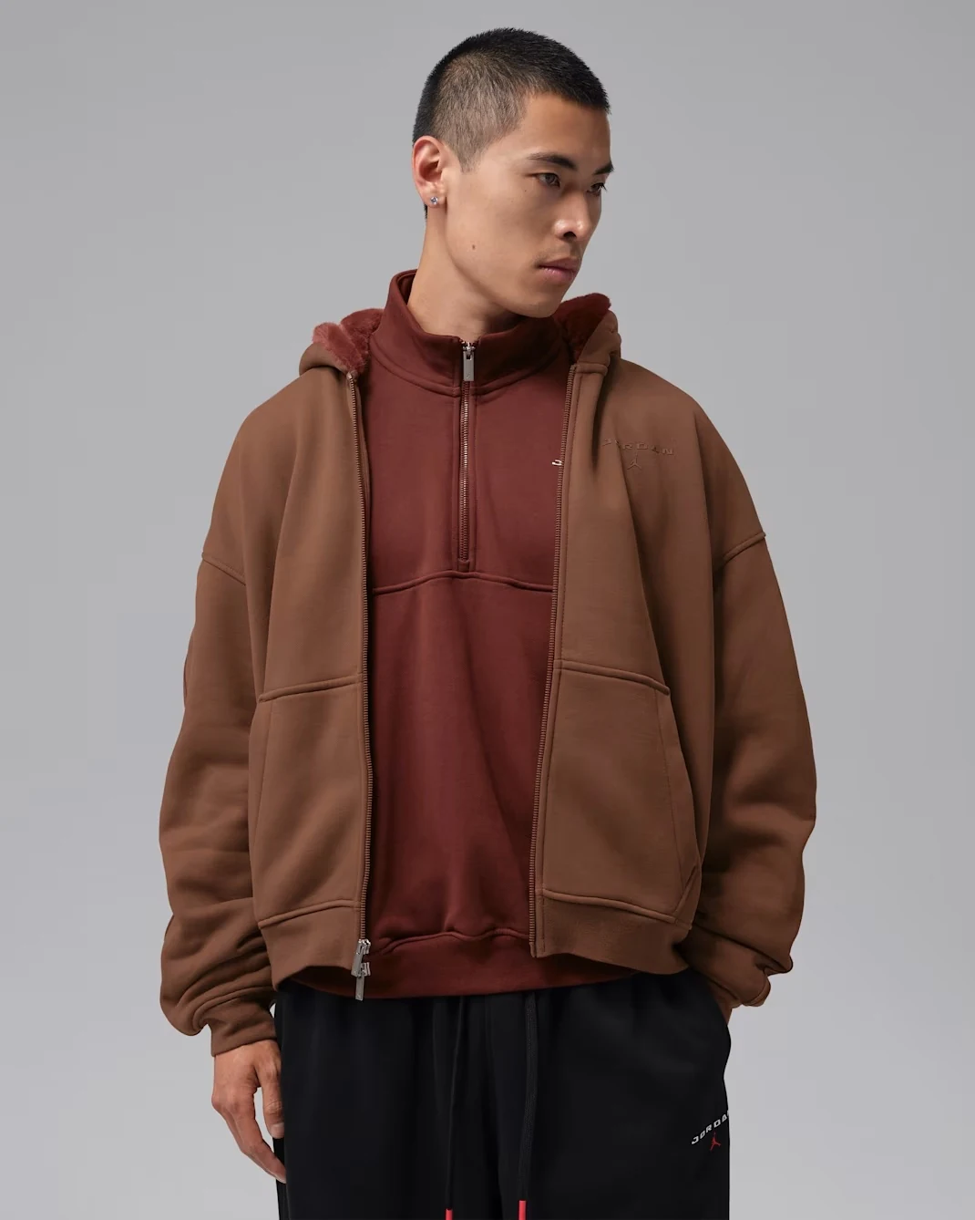 Front view of Fauna Brown Jordan Flight full-zip hoodie with faux-fur-lined hood