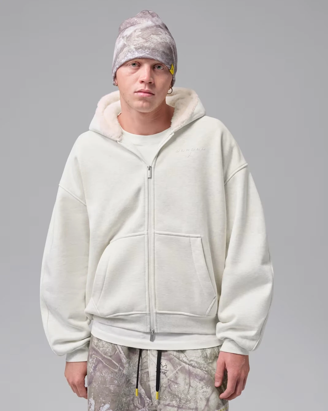 Front view of Sail Jordan Flight full-zip hoodie with faux-fur hood lining