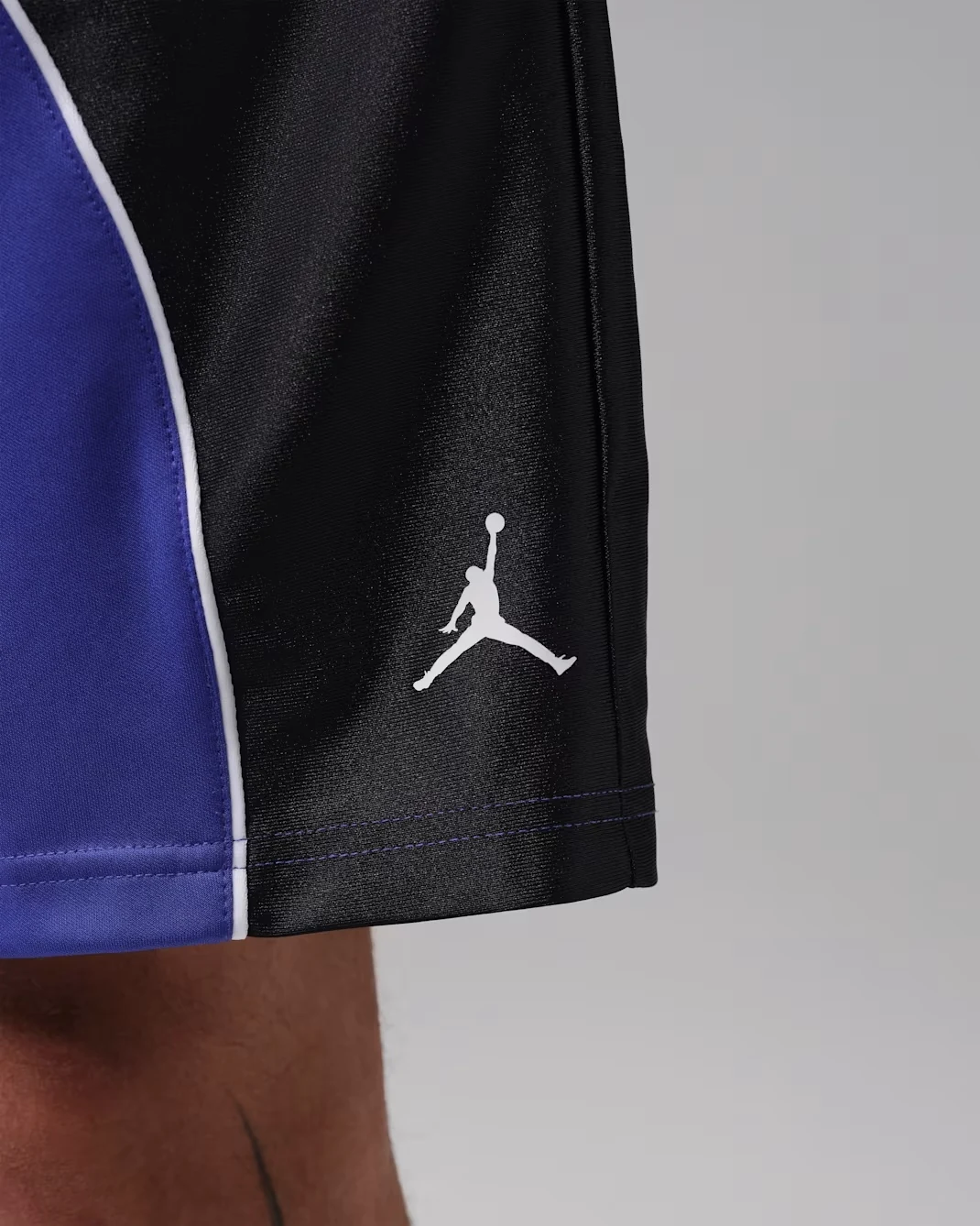 Detail of Jordan Sport Dri-FIT Y2K shorts in Light Concord, black and white