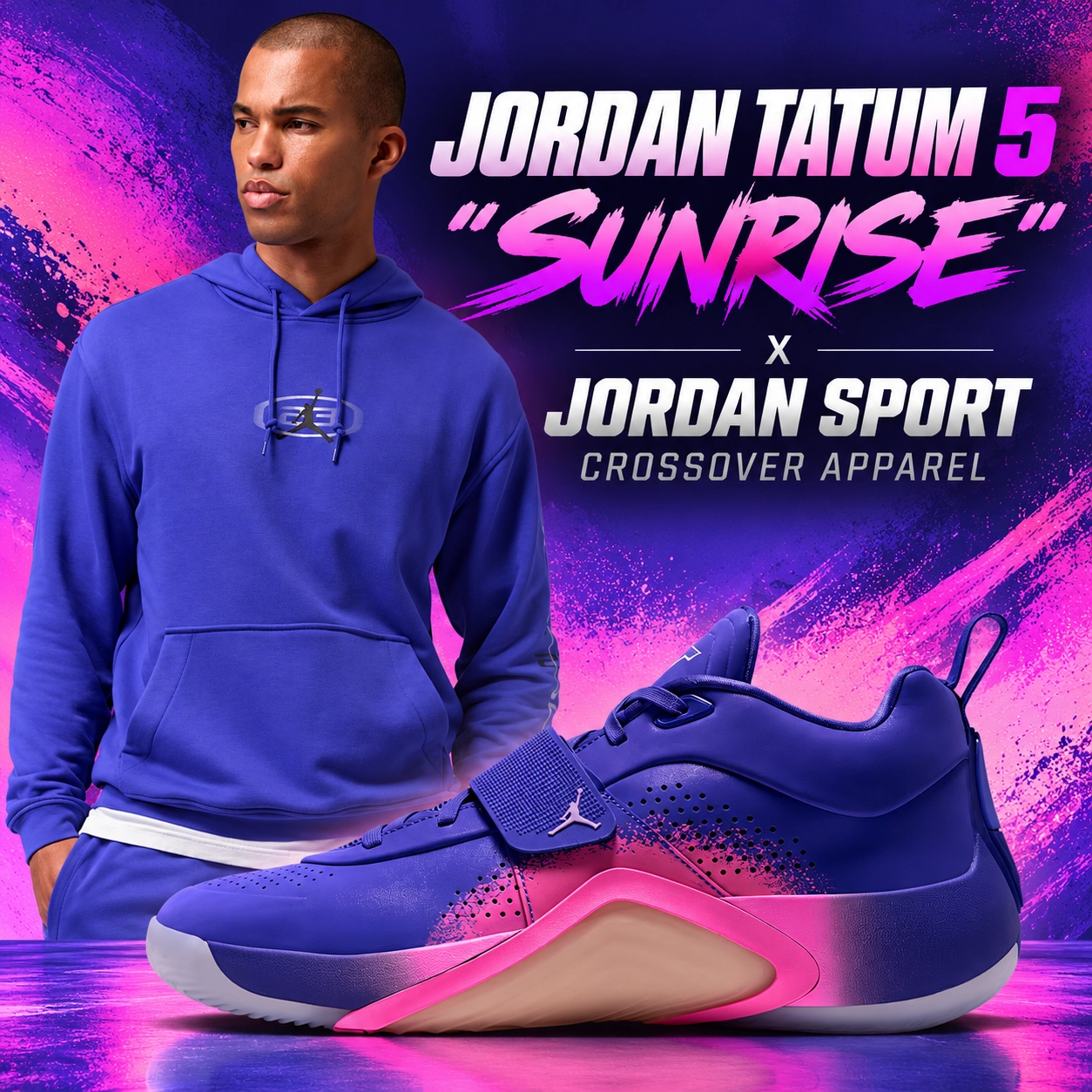 Jordan Tatum 5 "Sunrise" purple and pink sneakers paired with a matching purple Jordan Sport Crossover fleece pullover hoodie.
