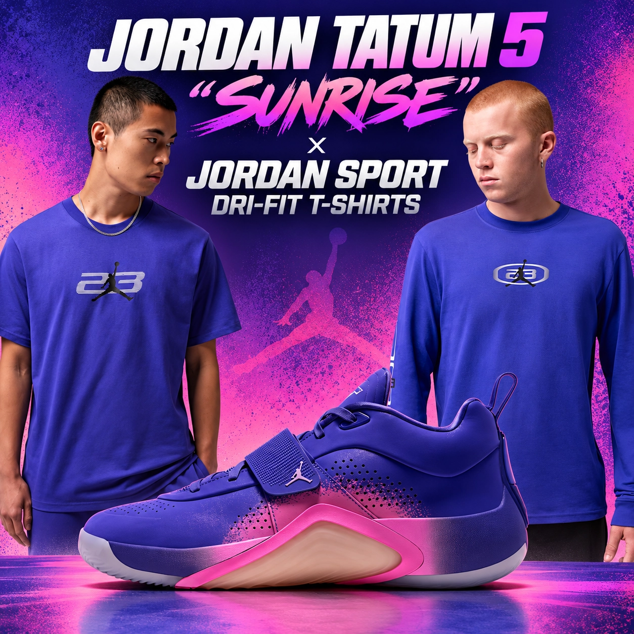 Jordan Tatum 5 "Sunrise" purple and pink sneakers with matching Jordan Sport Dri-FIT short-sleeve and long-sleeve shirts.