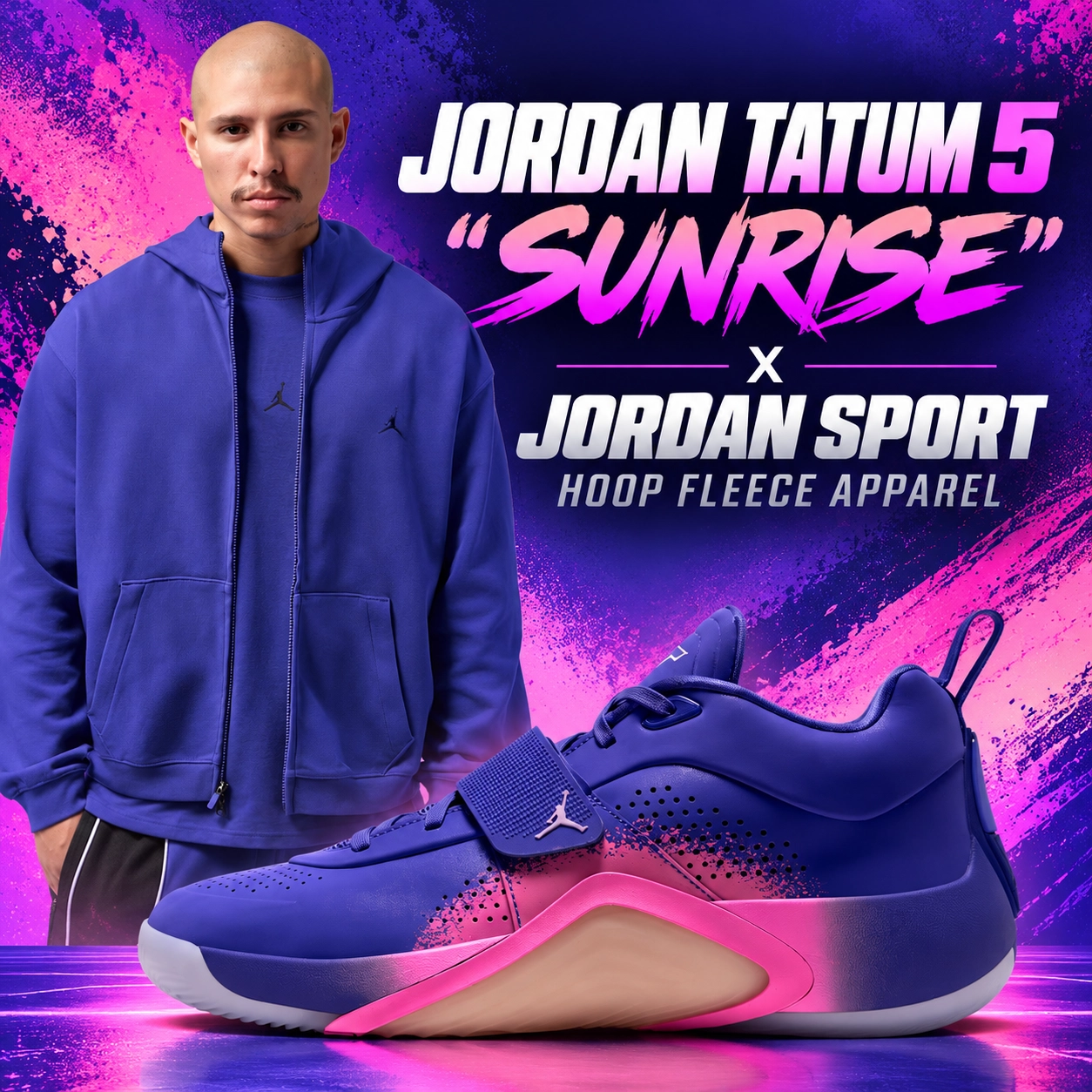 Jordan Tatum 5 "Sunrise" purple and pink sneakers paired with a matching purple Jordan Sport Hoop Fleece full-zip hoodie.