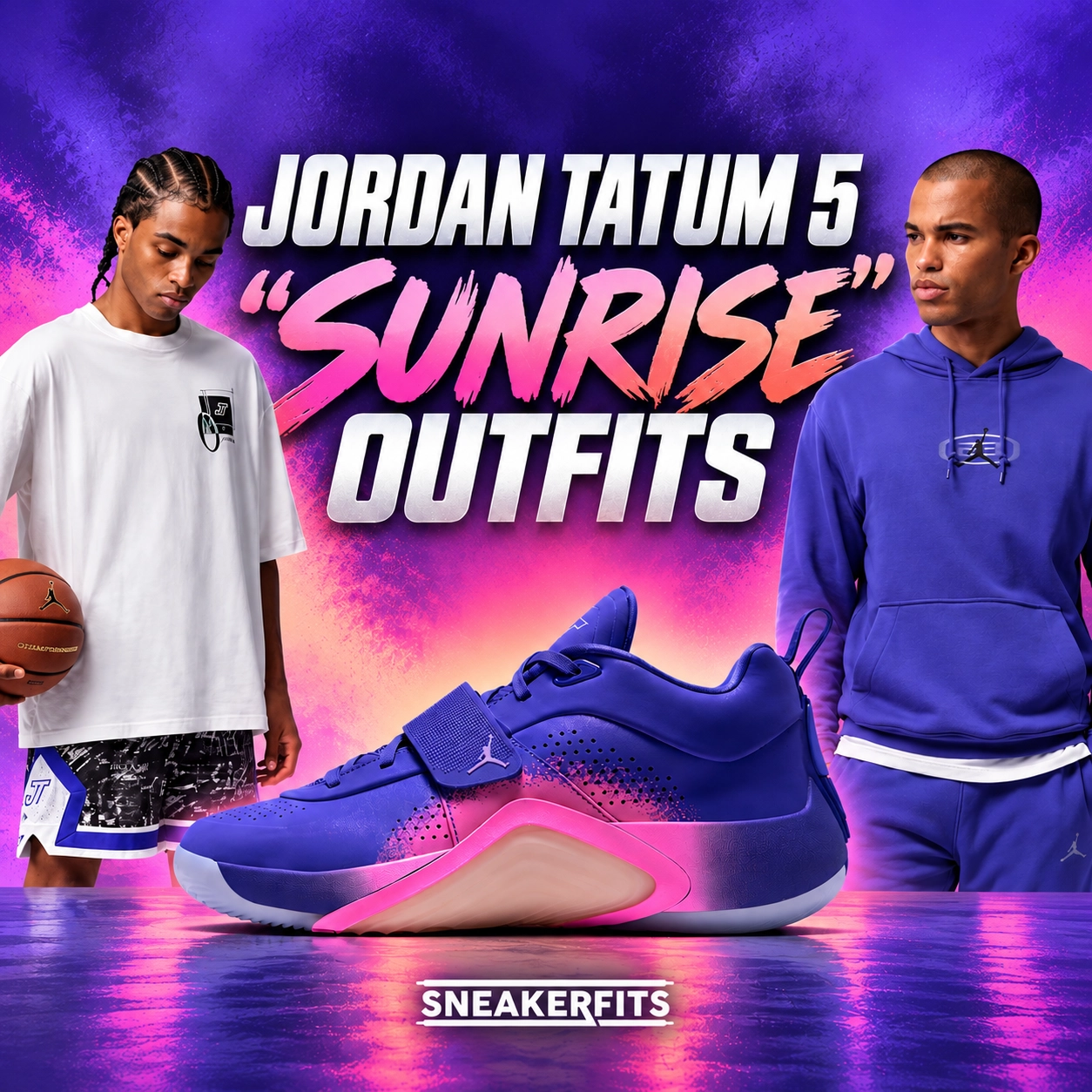 Jordan Tatum 5 Sunrise outfits featuring purple and pink sneakers, a white Tatum Sport T-shirt with matching basketball shorts, and a purple Jordan hoodie and pants – SneakerFits