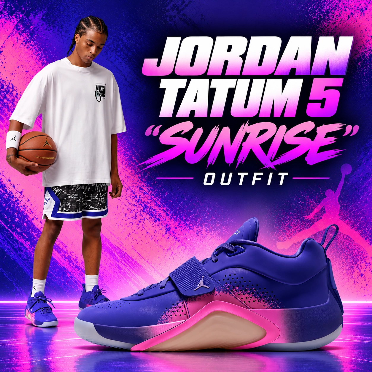 Jordan Tatum 5 "Sunrise" purple and pink sneakers with a matching outfit featuring a white Jordan T-shirt, black and purple basketball shorts, and Jordan accessories.