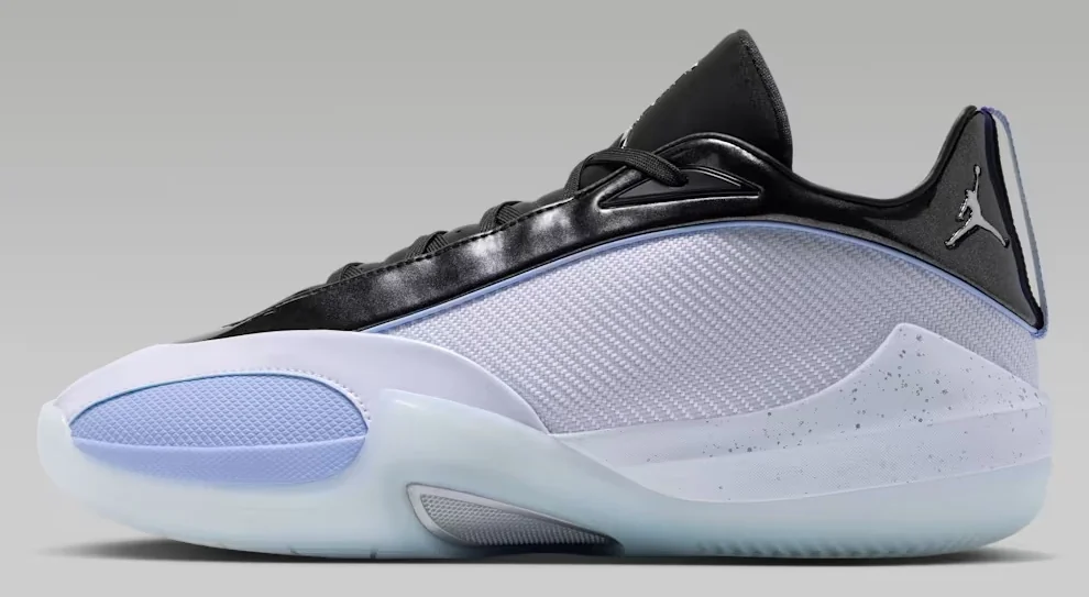 Jordan Triangle Space Jam basketball shoes in black, white and icy blue, shown from the side for the Air Jordan Release Dates page.
