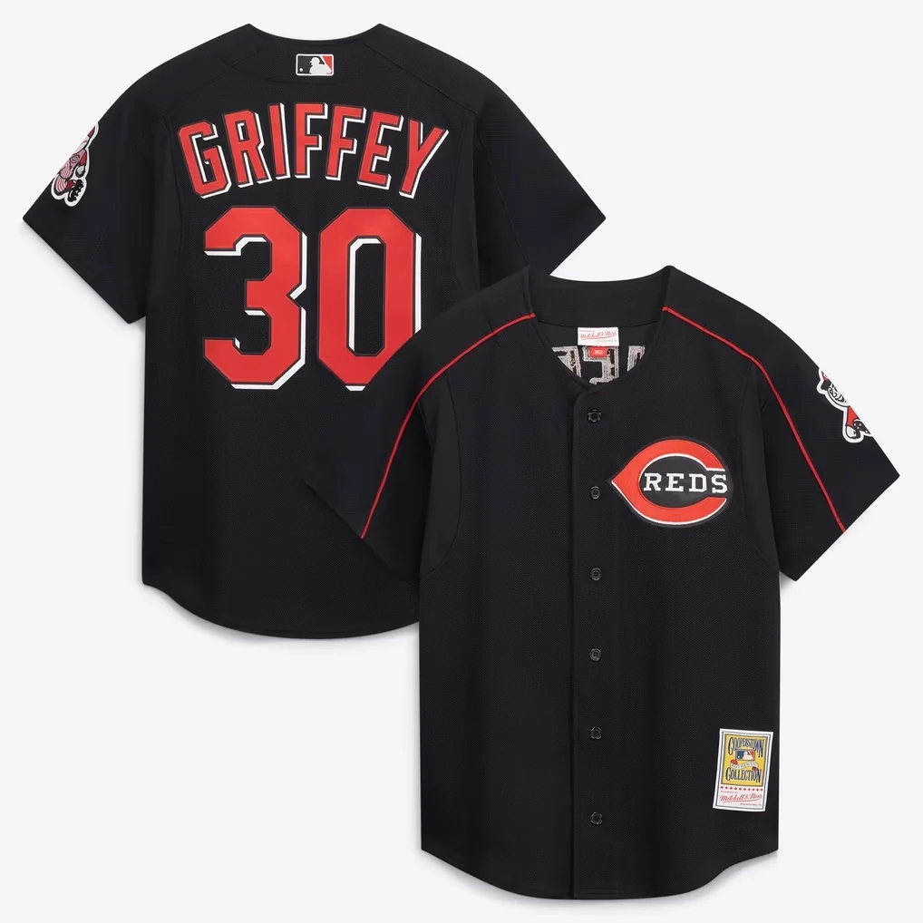 Black Mitchell & Ness Ken Griffey Jr. Cincinnati Reds mesh batting practice jersey to match the Nike Air Griffey Max 1 Cincinnati Reds sneakers.