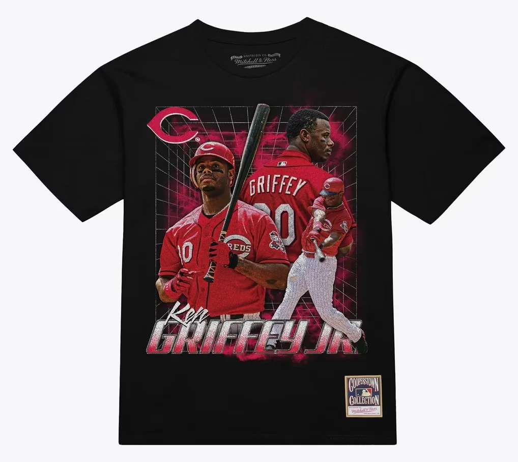 Black Mitchell & Ness Ken Griffey Jr. Legendary Collage T-shirt featuring Cincinnati Reds graphics to match the Nike Air Griffey Max 1 Cincinnati Reds.
