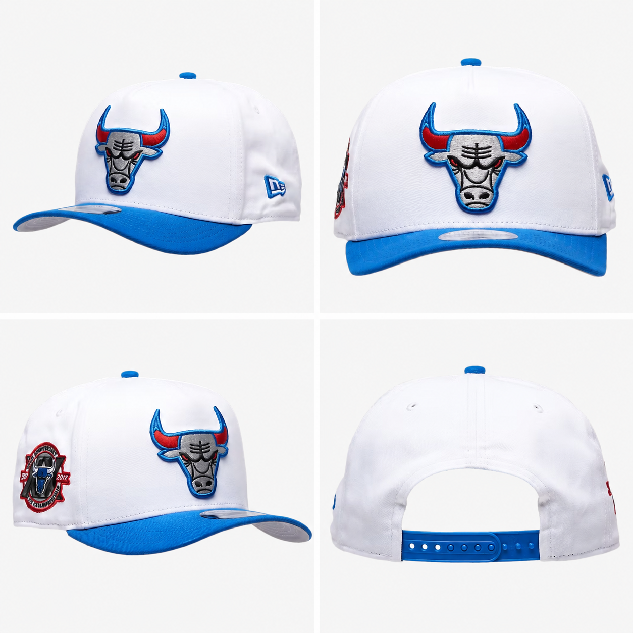 Four views of the white and blue New Era Chicago Bulls 9FIFTY A-Frame Snapback Hat to match the Air Jordan 3 True Blue.