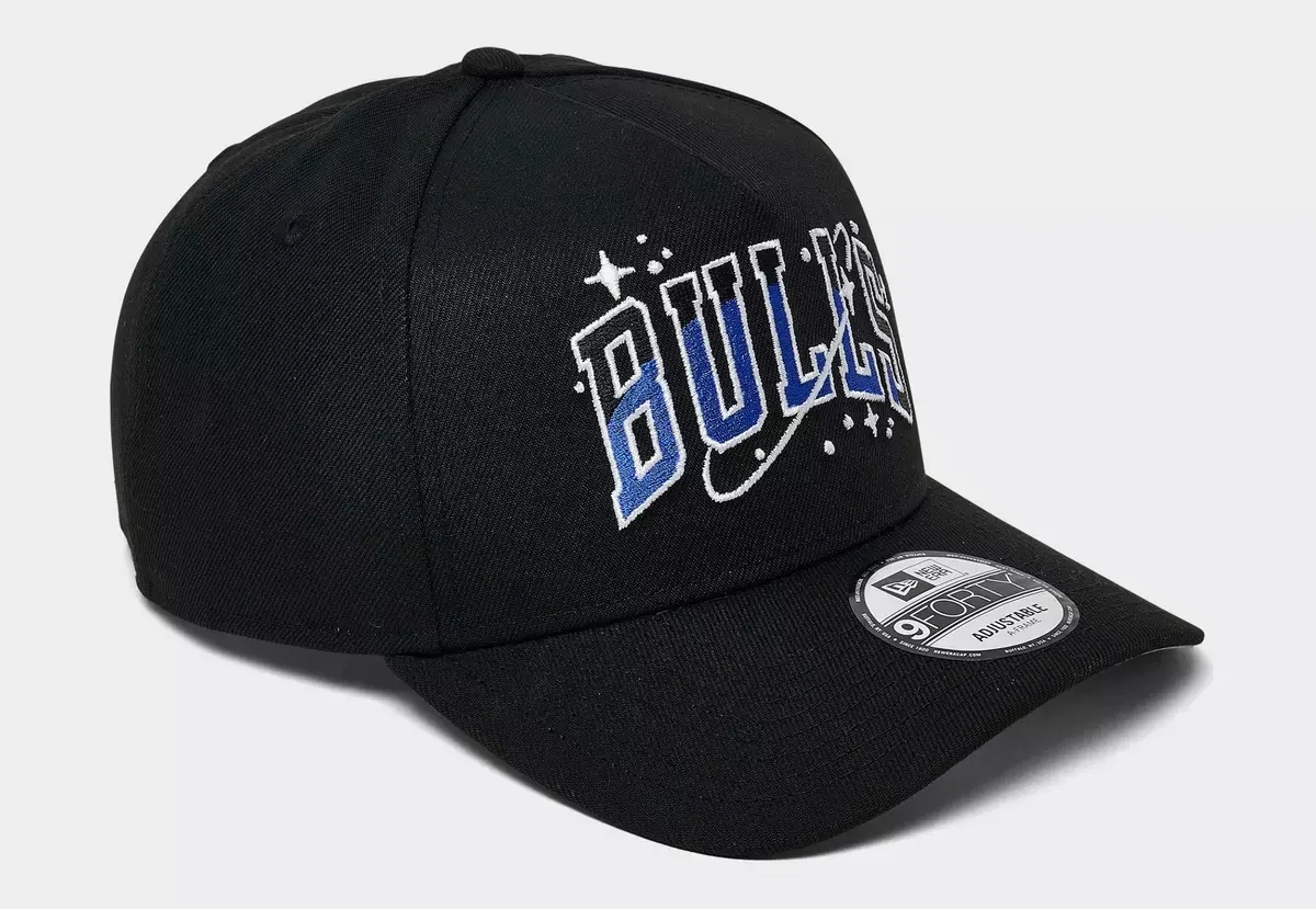 Angled front view of black New Era Chicago Bulls Space Galaxy 9FORTY A-Frame hat with blue and white embroidery to match Air Jordan 11 Space Jam 2026.