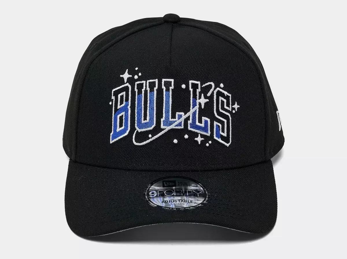 Front view of black Chicago Bulls Space Galaxy New Era hat featuring blue and white Bulls lettering, stars and orbital graphics.