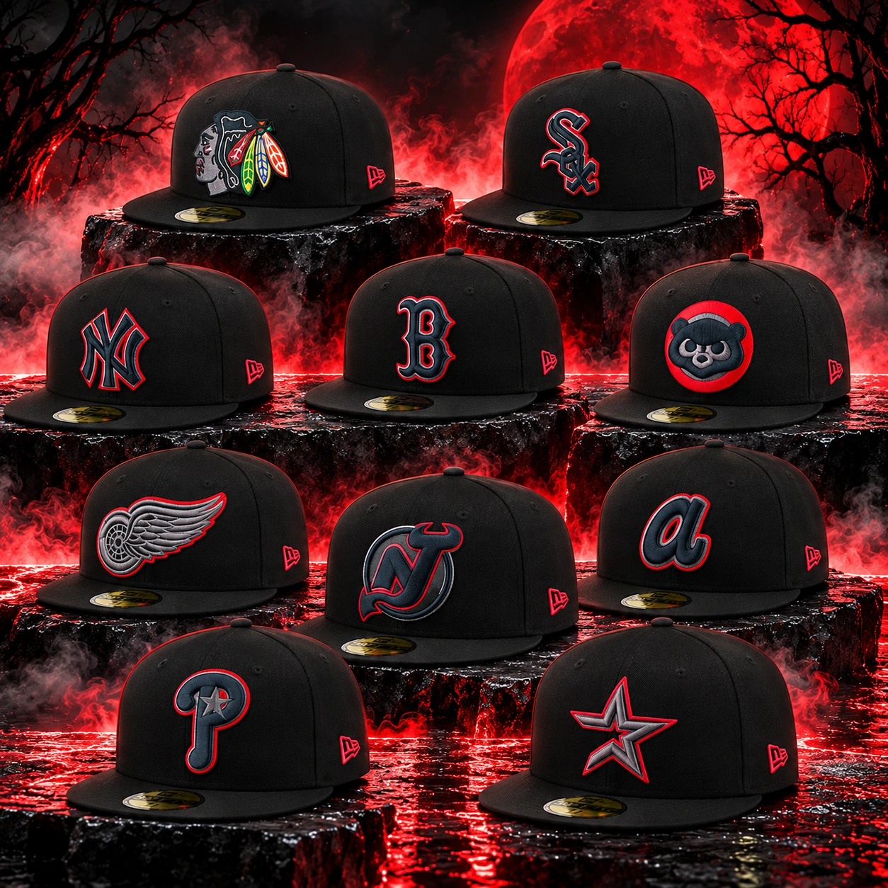 Collection of 10 black New Era Color Pop 59FIFTY fitted hats with colorful team logos and red accents, styled to match the Air Jordan 5 “Halloween” sneakers.
