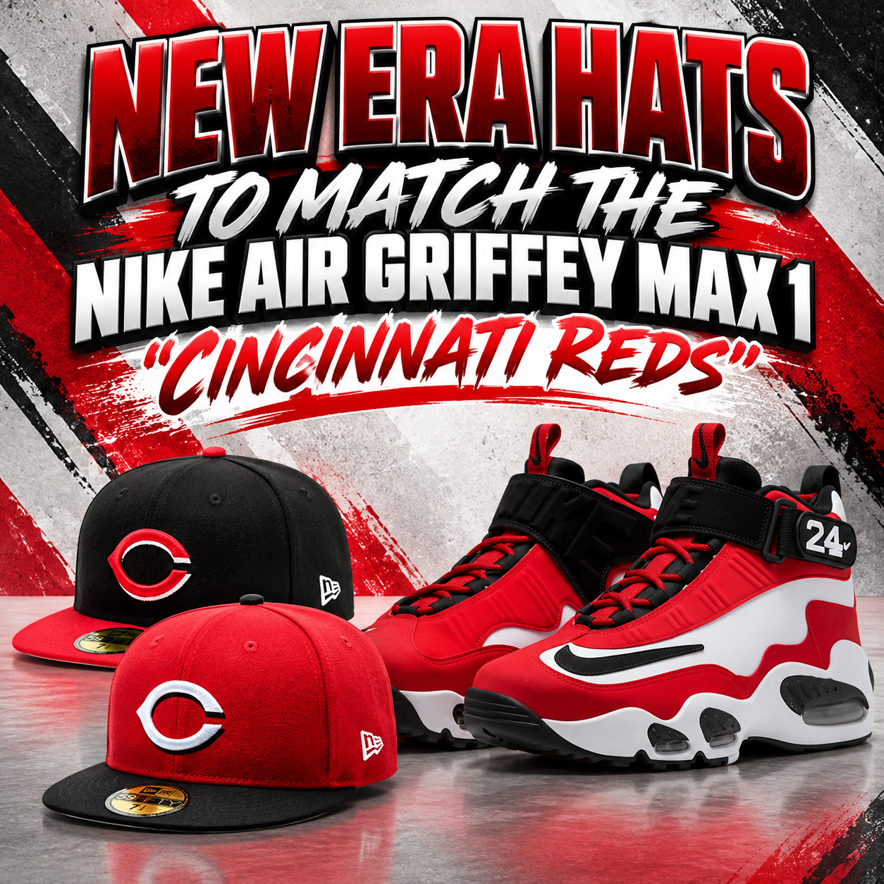 Red and black New Era Cincinnati Reds fitted hats matching the Nike Air Griffey Max 1 Cincinnati Reds sneakers – SneakerFits