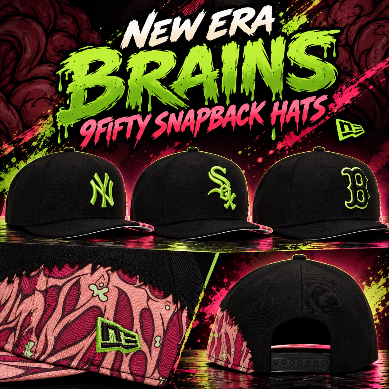 New Era Zombie Brain 9FIFTY snapback hats featuring New York Yankees, Chicago White Sox and Boston Red Sox designs with green logos and Halloween brain graphics.