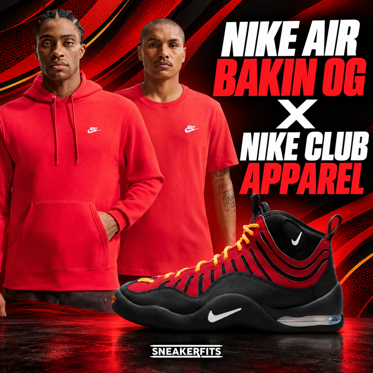 SneakerFits outfit pairing Nike Air Bakin OG Varsity Red sneakers with red Nike Club apparel