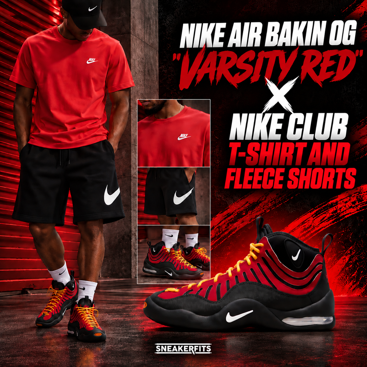 Nike Air Bakin OG Varsity Red outfit with Nike Club T-Shirt and Fleece Shorts - SneakerFits