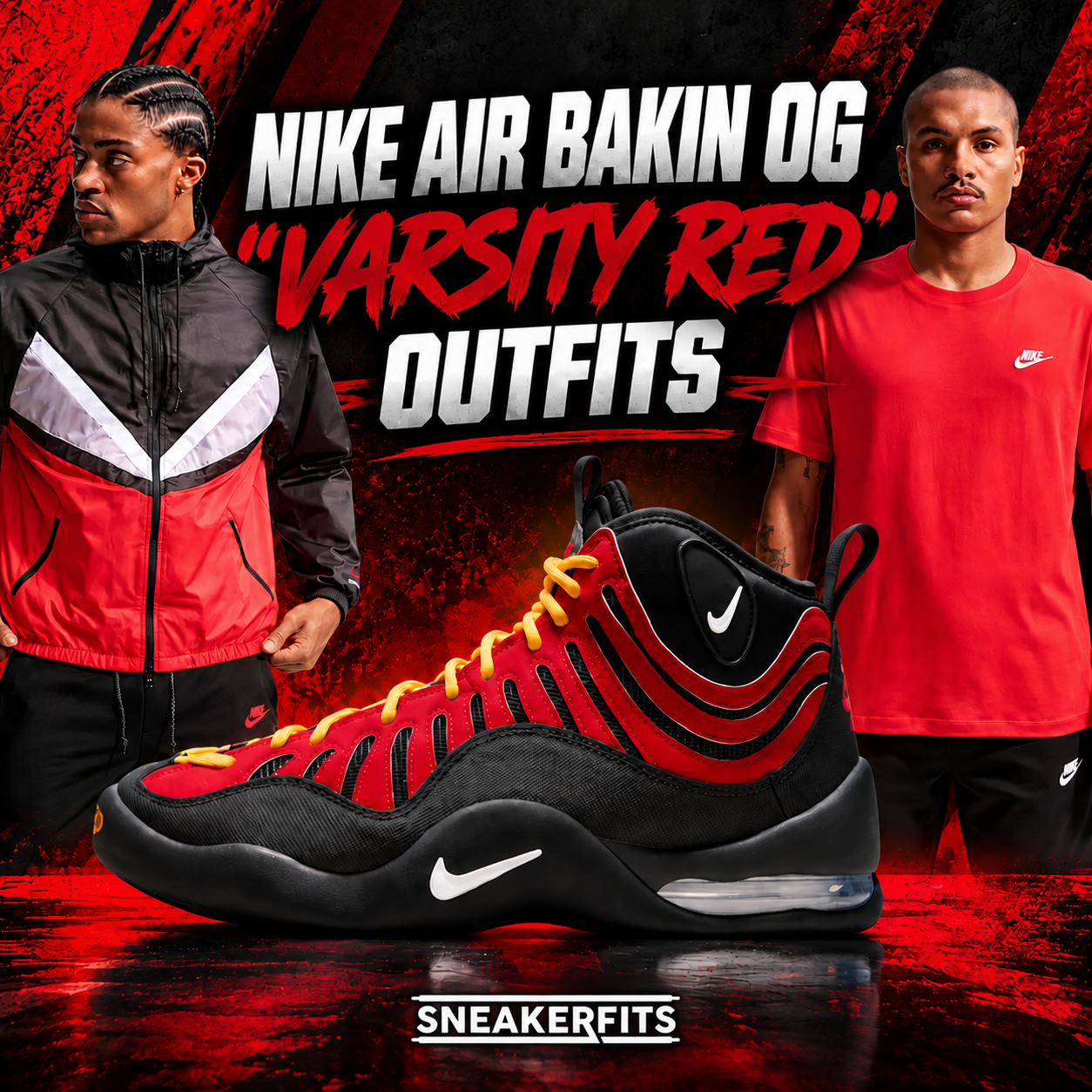 Nike Air Bakin OG Varsity Red with matching red and black Nike outfits SneakerFits