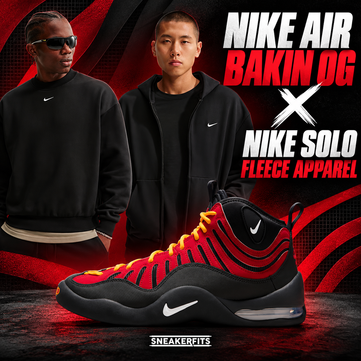 SneakerFits outfit pairing Nike Air Bakin OG Varsity Red sneakers with black Nike Solo Fleece apparel