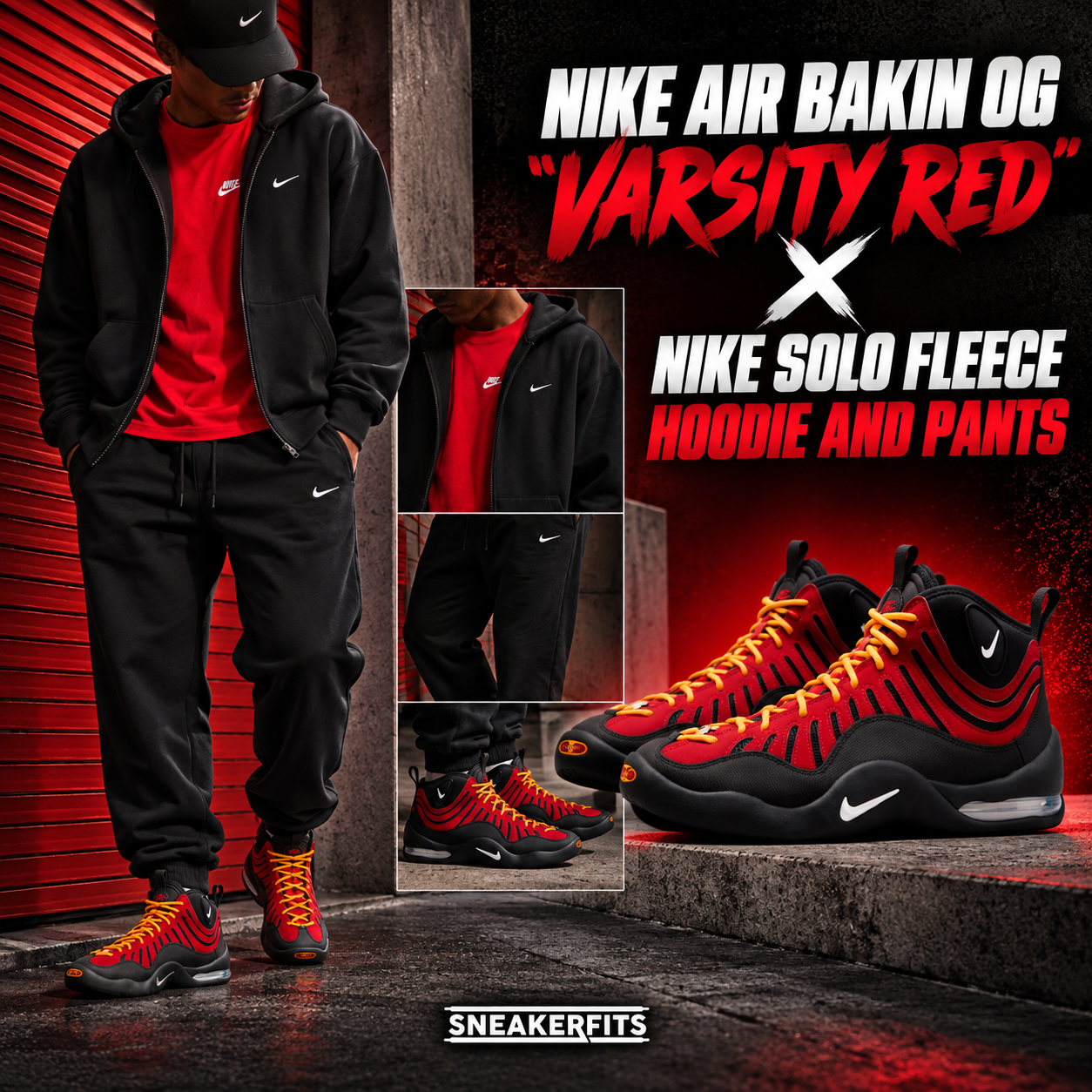SneakerFits outfit featuring Nike Air Bakin OG Varsity Red sneakers with Nike Solo Fleece hoodie and pants