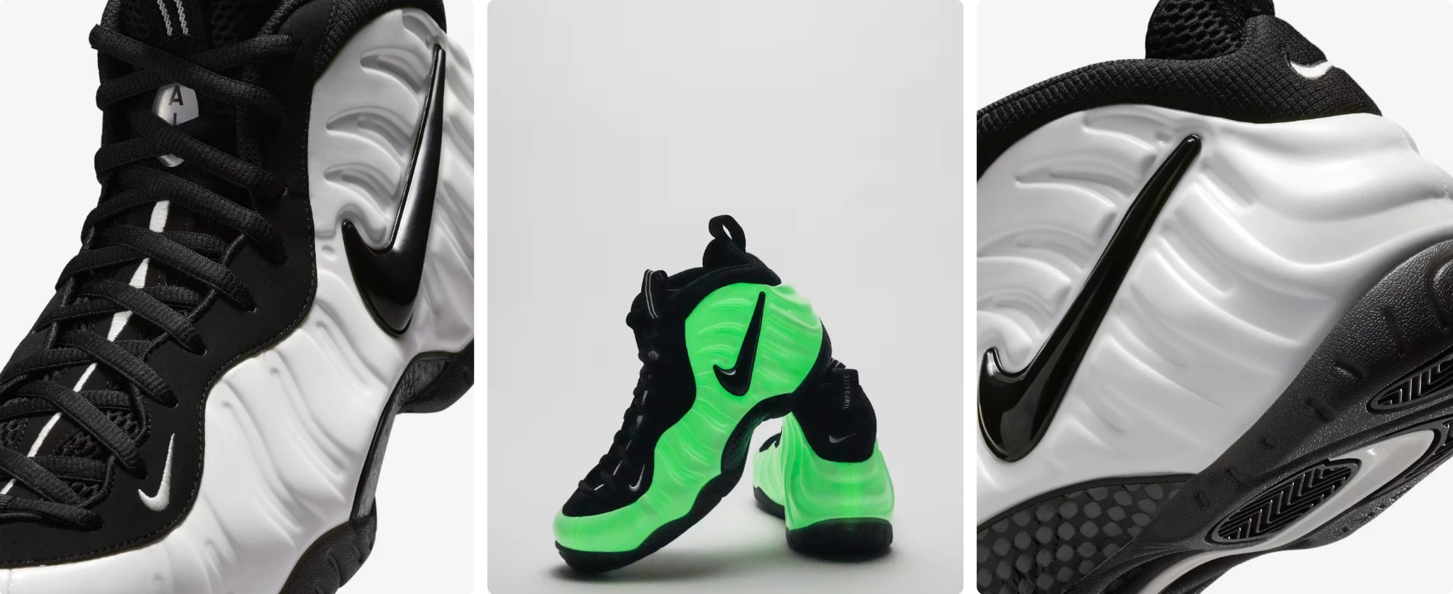 Nike Air Foamposite Pro PRM Summit White/Black detail collage showing black Swoosh logos, white Foamposite shell and green glow-in-the-dark effect.