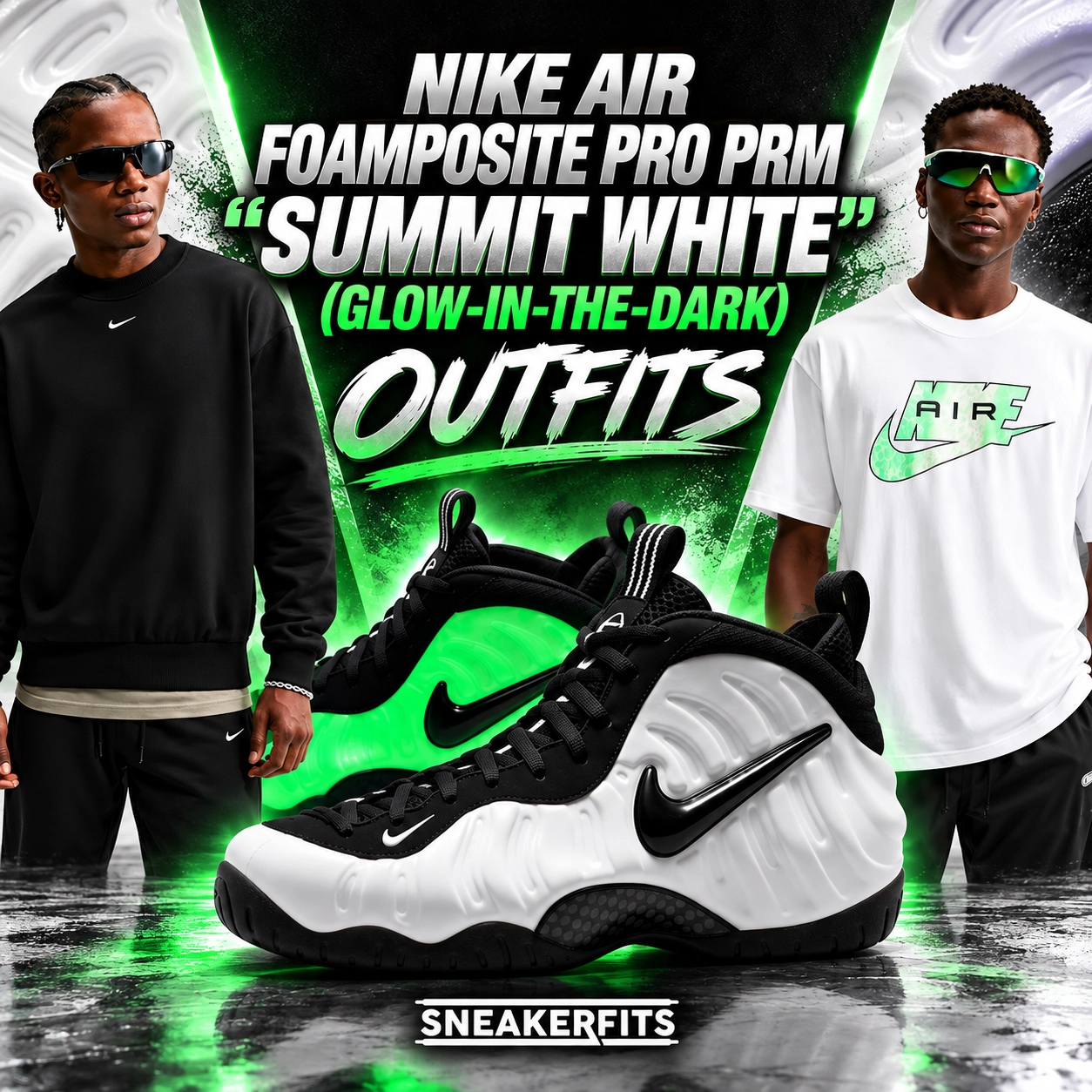 Nike Air Foamposite Pro PRM Summit White Glow-In-The-Dark sneakers with matching black Nike sweatshirt and white Nike Air T-shirt, SneakerFits