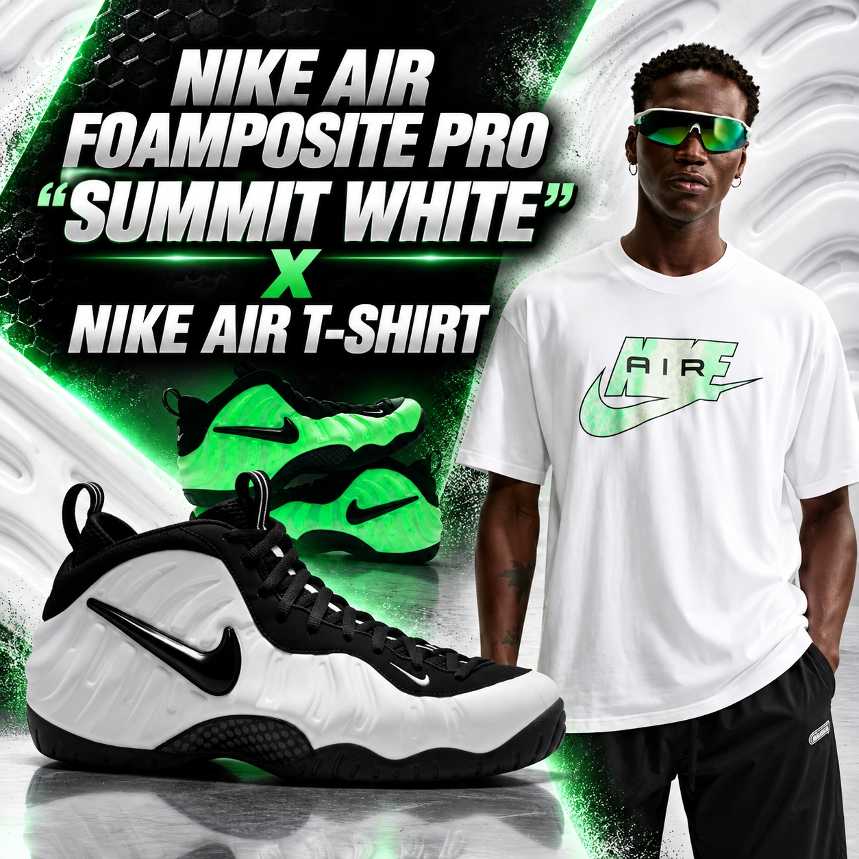 Nike Air Foamposite Pro Summit White and Black sneakers with glow-in-the-dark green detailing, paired with a white Nike Air T-Shirt featuring a green and black Nike Air graphic.