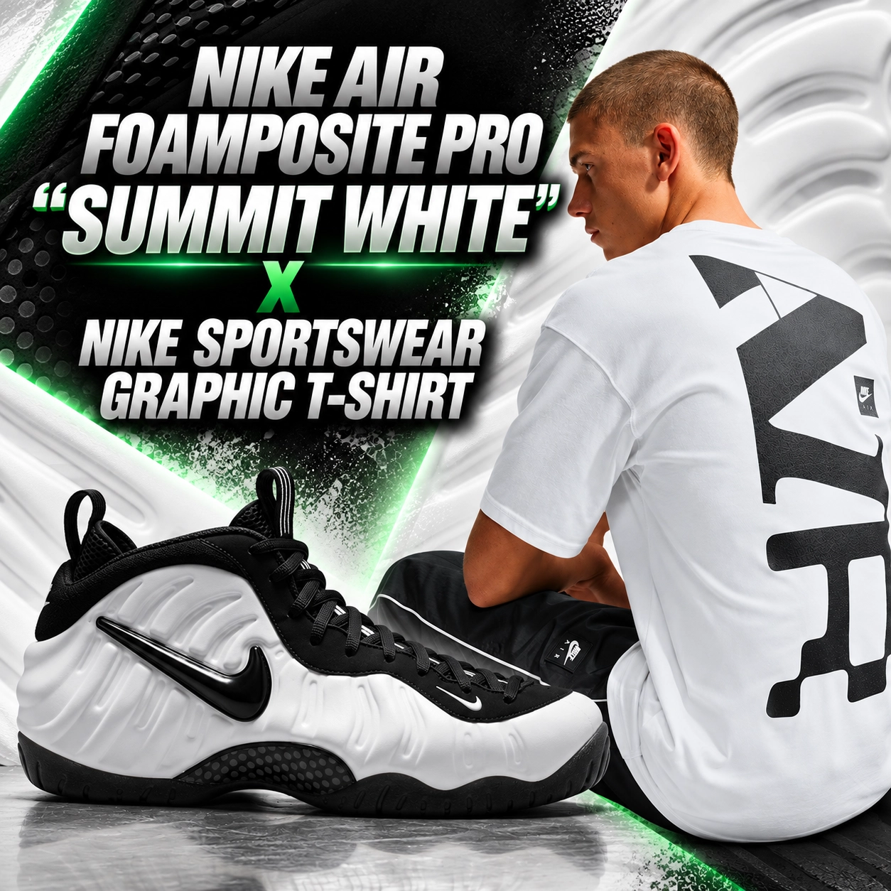 Nike Air Foamposite Pro Summit White and Black sneakers paired with a white Nike Sportswear Graphic T-Shirt featuring a large black Nike Air back graphic