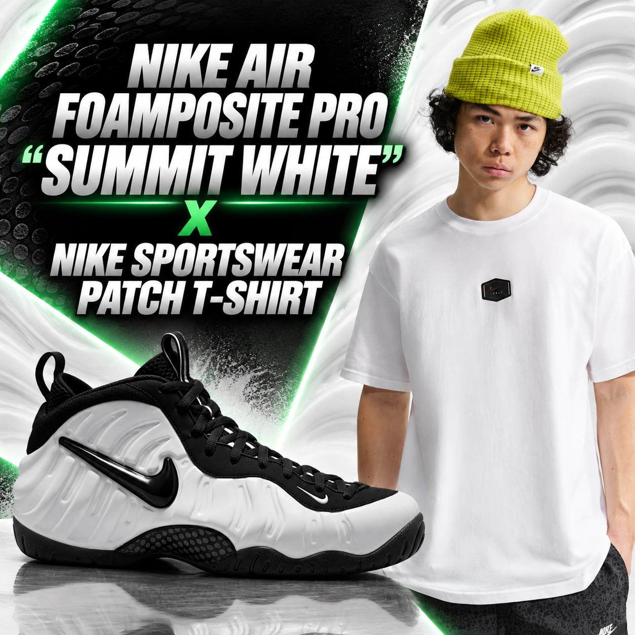 Nike Air Foamposite Pro Summit White and Black sneakers paired with a white Nike Sportswear Patch T-Shirt in a matching outfit graphic.