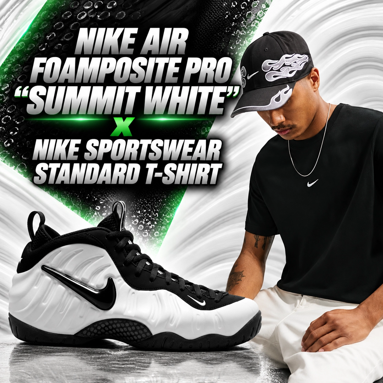 Nike Air Foamposite Pro Summit White sneakers paired with a black Nike Sportswear Standard T-Shirt for a matching black and white outfit.