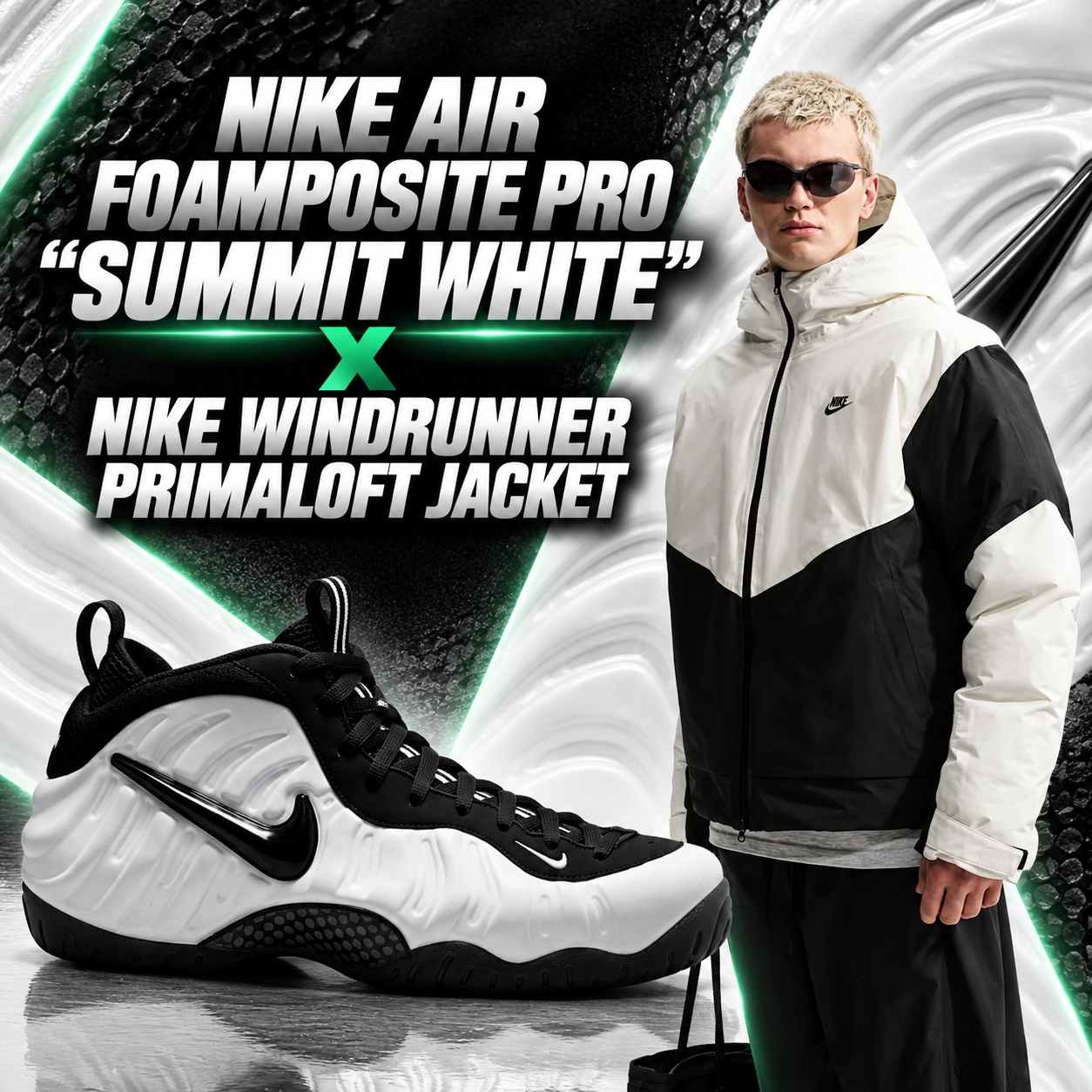 Nike Air Foamposite Pro Summit White sneakers paired with a black and white Nike Windrunner PrimaLoft jacket outfit