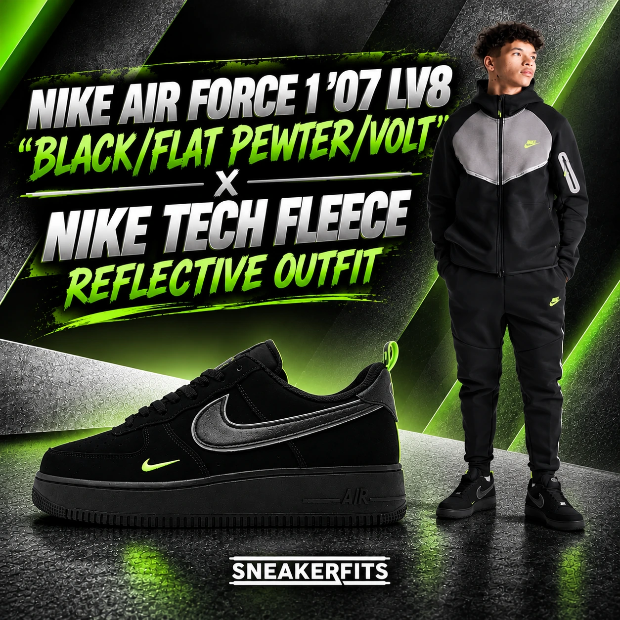 Nike Air Force 1 ’07 LV8 Black/Flat Pewter/Volt sneakers with matching Nike Tech Fleece Reflective Windrunner hoodie and jogger pants – SneakerFits
