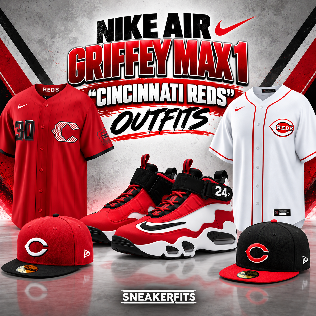 Nike Air Griffey Max 1 Cincinnati Reds sneakers with matching red and white Cincinnati Reds jerseys and New Era fitted hats – SneakerFits