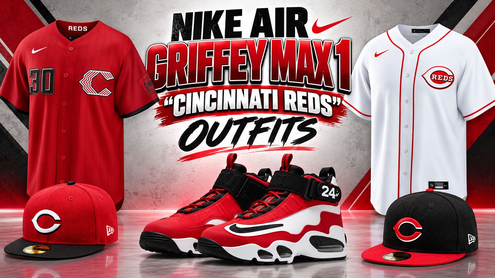 Nike Air Griffey Max 1 Cincinnati Reds sneakers with matching red and white Cincinnati Reds jerseys and New Era fitted hats.