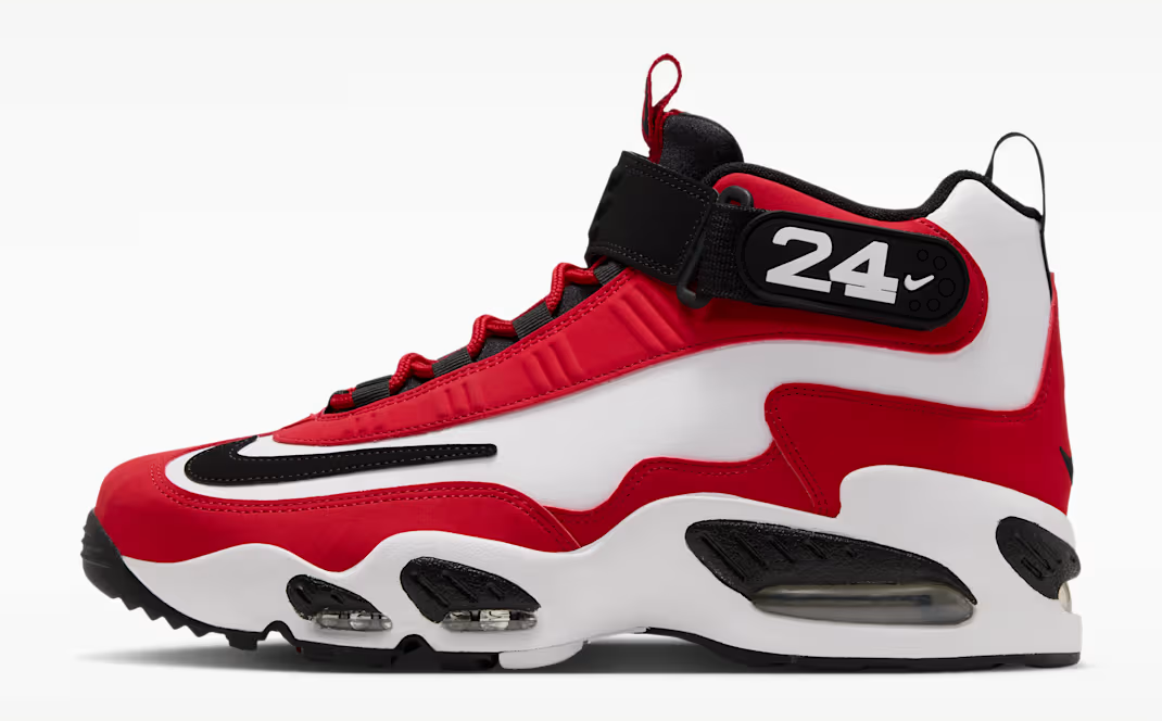 Nike Air Griffey Max 1 Cincinnati Reds sneakers in White, Black and Varsity Red, showing the lateral side and signature ankle strap.