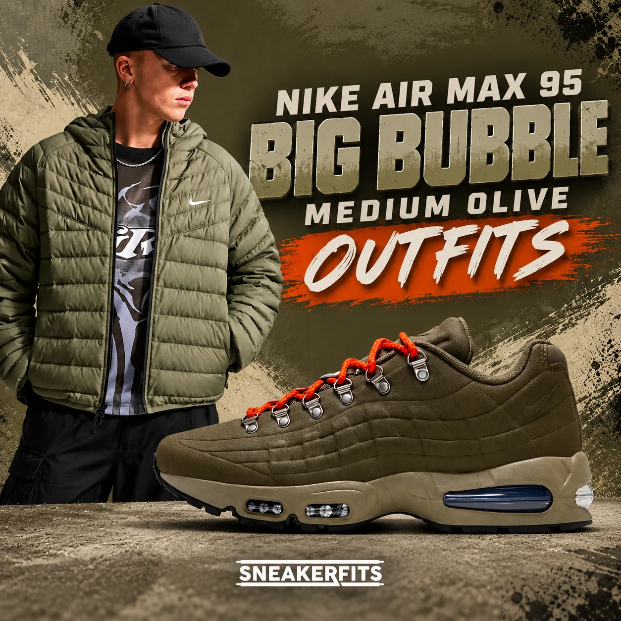 Nike Air Max 95 Big Bubble Medium Olive sneakers with matching Nike Windrunner jacket, outfit styling inspiration and SneakerFits branding.